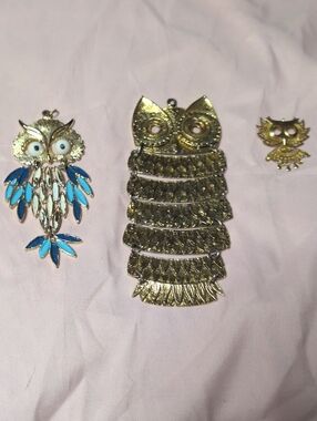 Gold tone Owl Pendant Trio with Blue Enamel Accent